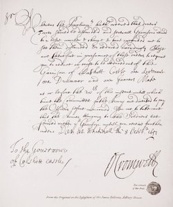 Brev til guvernøren i Calshot Castle fra Oliver Cromwell, 1651, faksimile fra originalen i Sir James Fellowes