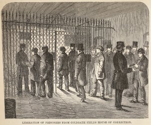 Frigørelse af fanger fra Coldbath Fields House of Correction, illustration fra The Criminal Prisons of London og Scenes from Prison Life af Henry Mayhew og John Binny, pub. 1862 af English School