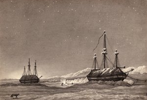 Løjtnant William Parrys første rejse: H.M.S. Hecla og H.M.S. Griper i Winter Harbour, ca. 1819 (pen & blæk og vask på papir) af English School