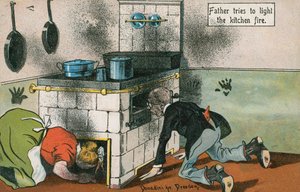 Optænding af køkkenbål (farve litho) af English School