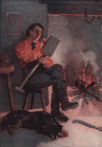 Lincoln skriver essays på sin træskovl (litho) af English School