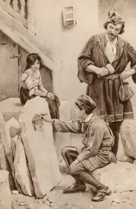 Lille Michael Angelo tegner et portræt (farve litho) af English School