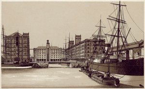Liverpool: Waterloo Dock og kornlagre (litografi) af English School