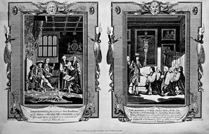 Lord Cromwell præsenterer biblen for Henry VIII og biskopper, der fremlægger begæring til James II i 1688, fra 