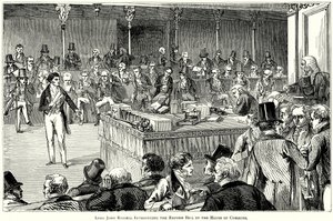Lord John Russell præsenterer reformforslaget i Underhuset (kobberstik) af English School