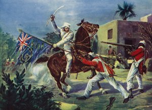 Lord Roberts kæmper to sepoys over den britiske standard ved Khudaganj, som han blev tildelt Victoria Cross for under det indiske mytteri af English School