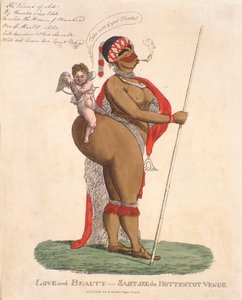 Kærlighed og skønhed - Sartjee the Hottentot Venus, 1810 (håndfarvet gravering) af English School