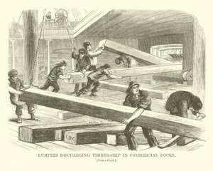 Klumper, der losser træskibe i handelshavne (gravering) af English School