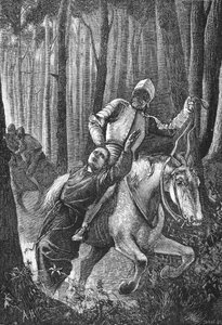 Luther angrebet af maskerede ryttere i Thüringer Wald, illustration fra The History of Protestantism af James Aitken Wylie (1808-1890), pub. 1878 af English School