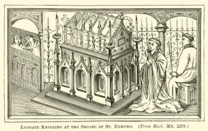 Lydgate knæler ved Shrine of St Edmund af English School
