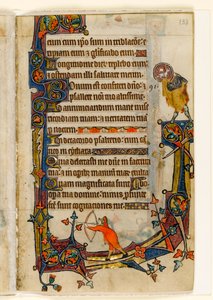 MS 1-2005, fol. 133r: An Archer og St. John the Baptist, marginaldekoration fra Macclesfield Psalter, Use of Sarum, East Anglia, ca. 1330 af English School