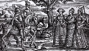 Macbeth, Banquo og de tre hekse, The Historie of Scotlande, 1577, af English School