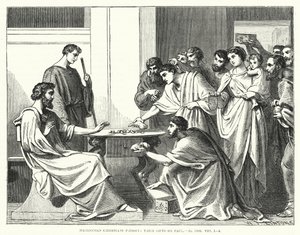 Makedonske kristne presser deres gaver på Paulus, II. Korintherbrev VIII af English School