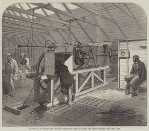 Maskiner til at tage Atlantic Telegraph Cable ombord på Great Eastern (gravering) af English School
