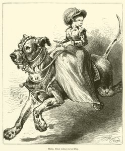 Mademoiselle Minie rider på sin hund (gravering) af English School