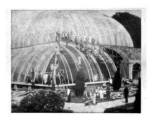 Foretager reparationer af Great Conservatory i Chatsworth, Derbyshire i slutningen af det 19. århundrede af English School