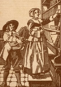 Mandlige og kvindelige boghandlere arbejder i en boghandel fra det 17. århundrede (litografi) af English School