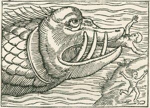 Mand bliver spist af en søslange. Illustration fundet i kanten af et kort udarbejdet af Olaus Magnus af English School