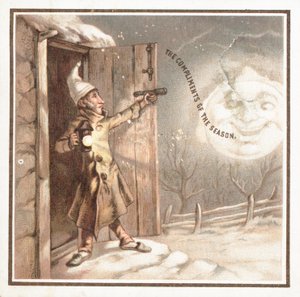 Mann hält Pistole zum Mond, Weihnachtskarte von English School