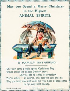 Mand sidder i vandtrug og holder paraply med to æsler, julekort af English School