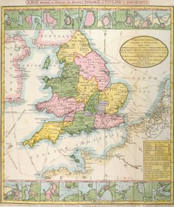 Kort over Storbritannien, der illustrerer den truede invasion af Napoleon Bonaparte (1769-1821) 1803 (farve litho) af English School