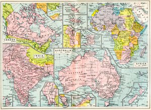 Kort over britiske besiddelser i 1914 ved udbruddet af WWI, fra The British Empire Universities Modern English Illustrated Dictionary, pub.1914 af English School