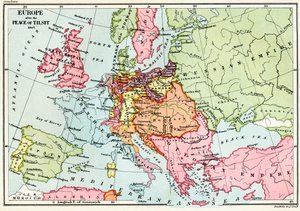 Kort over Europa efter freden i Tilsit i 1807, fra "A Short History of the English People" af J. R. Green, udgivet i 1893