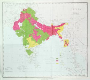 Kort over Indien, der viser fremskridtene for de kejserlige undersøgelser, udgivet under ledelse af oberst H.R. Thuillier, R.E., Indiens landinspektør, 1888
