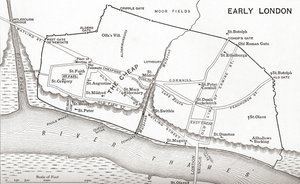 Kort over London i det 11. århundrede, fra "A Short History of the English People" af J. R. Green, udgivet i 1893