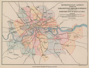 Kort over Metropolitan London, der viser de parlamentariske bydele og afdelinger, 1885