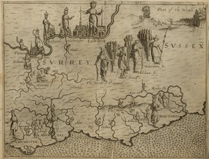 Kort over det sydlige England, inklusive London, Surrey og Sussex