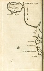 Kort, der viser placeringen af Brobdingnag fra første udgave af Travels into Several Remote Nations of the World bedre kendt som Gullivers Travels af Jonathan Swift af English School