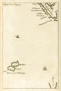 Kort, der viser placeringen af Lilliput fra første udgave af Travels into Several Remote Nations of the World bedre kendt som Gullivers Travels af Jonathan Swift af English School