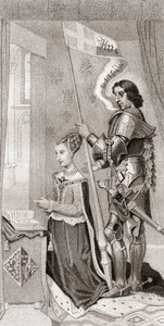 Margaret af Danmark med Skt. Knud, Danmarks protektor, bag sig med et banner, der viser korstogenes kors. Margaret af Danmark af English School