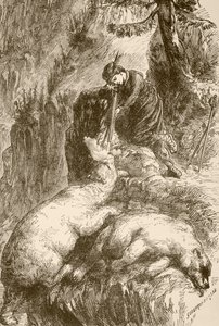 Marguerite de Roberval skyder to bjørne på Isle of Demons ud for Newfoundland (litho) af English School