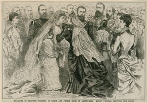Ægteskab mellem prinsesse Victoria af Hessen og prins Louis af Battenberg, dronning Victoria hilste bruden, 16. maj 1884 af English School