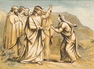 Martha møder Jesus efter Lazarus død (farvet indgravering) af English School