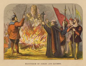 Ridleys og Latimers martyrium (koloreret stik) af English School
