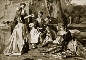 Mary Queen of Scots i en klosterhave, illustration fra Hutchinsons Story of the British Nation, ca. 1923 af English School