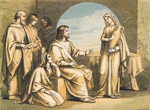 Maria ved Jesu fødder (farvet indgravering) af English School
