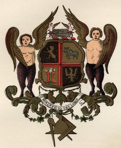 Frimurervåben, efter et malet panel i W.H.Y. Rylands, fra The History of Freemasonry, bind II, udgivet af Thomas C. Jack, London, 1883 af English School