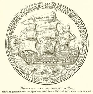 Medalje, der udstiller et førsteklasses krigsskib af English School
