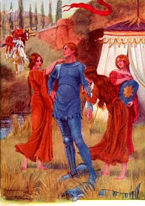 Middelalderridder, Morgenstjerne er klar til kamp. Farvet illustration fra historien om Gareth og Lynette fra bogen The Gateway to Tennyson udgivet i 1910. af English School