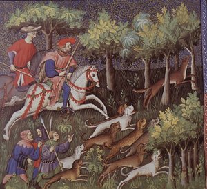Middelalderlige aristokrater, der jager ræve (tempera på papir) af English School