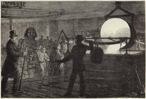 Smeltning af metal til bronzesfinksen, der skal placeres på Themsens dæmning (gravering) af English School
