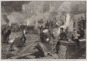 Medlemmer af South Middlesex Rifle Volunteers Corps at Work by Torchlight i Gardens of Burlington House, Piccadilly, rydder jorden for Drill-Shed (gravering) af English School