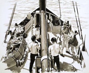 Mænd ombord på sejlskib af English School