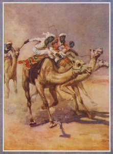 Mænd, der rider på kameler i et kapløb i ørkenen (farve litho) af English School