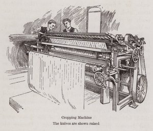 Mænd, der arbejder på en tekstilbeskæringsmaskine (litho) af English School