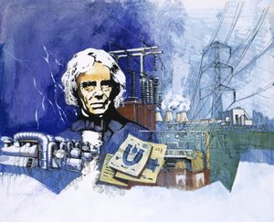 Michael Faraday med elektrisk kraftværk i baggrunden af English School